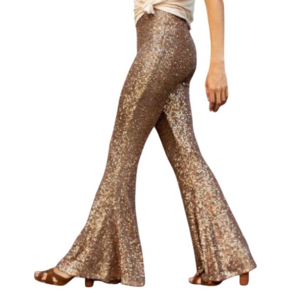 Sequin Flare Pants Trouser Joyfolie Zadie Women Large Bronze High Rise NWT Lined